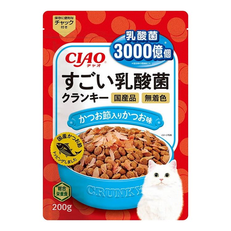 【商品説明】お腹の健康に乳酸菌！・乳酸菌3000億個配合により猫ちゃんの健康を維持し、おなかの調子を保ちます。・猫ちゃんの好きなかつお節をトッピング。・無着色、国産品、総合栄養食。・チャック付きで保存に便利。●原材料(成分)穀類(とうもろこし、小麦粉、パン粉等)、魚介類(フィッシュミール、フィッシュエキス、かつお節、フィッシュパウダー、かつお節パウダー)、ミートミール、動物性油脂、豆類(脱脂大豆等)、ビール酵母、タンパク加水分解物、酵母細胞壁、殺菌乳酸菌、植物発酵抽出物、ミネラル類(カルシウム、リン、カリウム、鉄、亜鉛、銅、ヨウ素)、ビタミン類(A、D、E、K、B1、B2、B6、葉酸、コリン)、アミノ酸類(メチオニン、タウリン)、pH調整剤●賞味／使用期限(未開封)18ヶ月※仕入れ元の規定により半年以上期限の残った商品のみ出荷致します。●保存方法別途パッケージに記載●メーカー名いなばペットフード 株式会社【送料について】北海道、沖縄、離島は送料を頂きます。