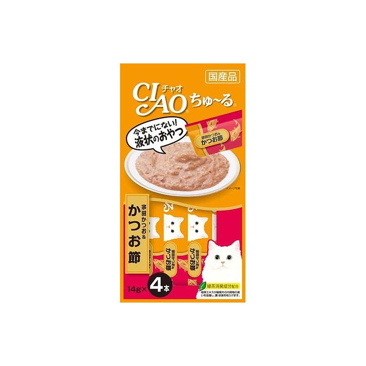 【商品説明】とろ〜り食べやすい液状おやつ！・一度食べたらやみつき！猫ちゃんの好きなを素材を液状にしたおやつです。・ちゅ〜っと出して、なめるだけで簡単に栄養補給。・食べきりやすい14g×4本。・緑茶消臭成分配合！緑茶エキスが腸管内の内容物の臭いを吸着し、糞尿臭を和らげます。●原材料(成分)宗田鰹、かつお節、かつお節エキス、タンパク加水分解物、糖類(オリゴ糖等)、植物性油脂、増粘剤(加工でん粉)、増粘多糖類、ミネラル類、調味料(アミノ酸等)、ビタミンE、紅麹色素、カロテノイド色素、緑茶エキス●賞味／使用期限(未開封)24ヶ月※仕入れ元の規定により半年以上期限の残った商品のみ出荷致します。●保存方法別途パッケージに記載●メーカー名いなばペットフード 株式会社【送料について】北海道、沖縄、離島は送料を頂きます。