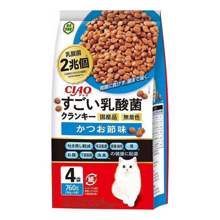 【商品説明】お腹の健康に乳酸菌！・乳酸菌2兆個配合により猫ちゃんの健康を維持し、おなかの調子を保ちます。・おさかなエキスが中までたっぷり染み込んだカリカリ粒を、猫ちゃんの大好きなパウダーでコーティングしました。・無着色、国産品、総合栄養食。●原材料(成分)穀類(小麦粉、パン粉、コーングルテンミール等)、魚介類(フィッシュミール、フィッシュエキス、フィッシュパウダー、かつお節パウダー)、ミートミール、動物性油脂、粉末セルロース、ビール酵母、豆類(脱脂大豆等)、タンパク加水分解物、酵母細胞壁、殺菌乳酸菌、植物発酵抽出物、ミネラル類(カルシウム、リン、カリウム、鉄、亜鉛、銅、ヨウ素)、ビタミン類(A、D、E、K、B1、B2、B6、葉酸、コリン)、アミノ酸類(メチオニン、タウリン)、pH調整剤、アルギニングルタミン酸塩●賞味／使用期限(未開封)18ヶ月※仕入れ元の規定により半年以上期限の残った商品のみ出荷致します。●保存方法別途パッケージに記載●メーカー名いなばペットフード 株式会社【送料について】北海道、沖縄、離島は送料を頂きます。