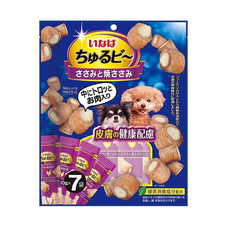 【商品説明】1粒で2つの美味しさ！・外はふっくら、中はトロッと、2つの食感が楽しめます。・コラーゲンとDHA・EPA含有精製魚油を配合し皮膚の健康に配慮・緑茶消臭成分配合で腸管内の内容物の臭いを吸着し、糞、尿臭を和らげます。・保存料不使用●原材料(成分)鶏肉(ささみ)、鶏脂、でん粉、卵白粉末、かつお節、チキンエキス、コラーゲンペプチド、DHA・EPA含有精製魚油、オリゴ糖、酵母エキス、寒天、カゼインナトリウム、増粘多糖類、ビタミンE、緑茶エキス、紅麹色素●賞味／使用期限(未開封)18ヶ月※仕入れ元の規定により半年以上期限の残った商品のみ出荷致します。●保存方法別途パッケージに記載●メーカー名いなばペットフード 株式会社【送料について】北海道、沖縄、離島は送料を頂きます。