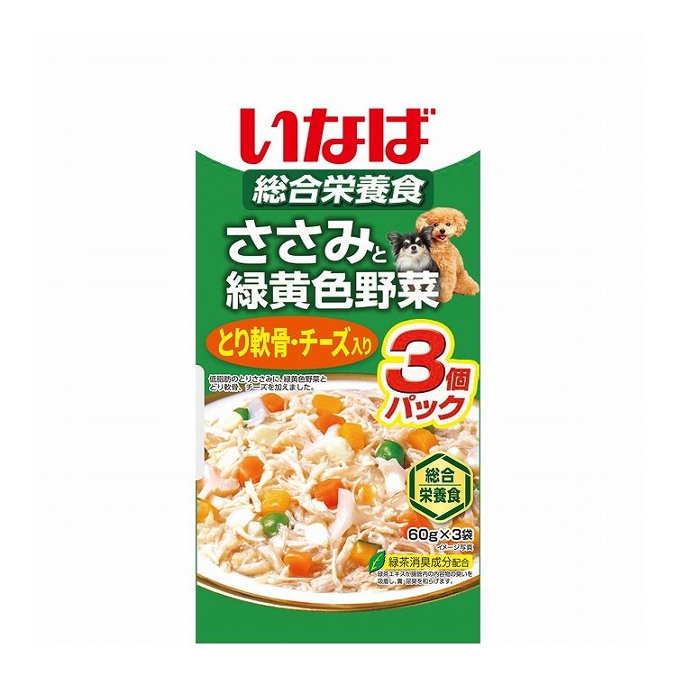 【取り寄せ品のご注意事項（ご注文前にご確認ください）】・本商品は原則注文後のキャンセルはお受けできません。・本商品と他商品で同梱注文をいただき、仮に他商品が完売等でご用意できない場合でも本商品は発送させていただきます。・本商品を複数（2点以上）注文いただき、完売等で注文数のご用意できない場合でもご用意できた数量は発送させていただきます。【商品説明】毎日の食事に！・ささみをベースに緑黄色野菜とワンちゃんが大好きな鶏軟骨とチーズをトッピングしました。・ゼリータイプなので、スルッと出せます。・総合栄養食・ビタミンE配合・緑茶消臭成分配合で腸管内の内容物の臭いを吸着し、糞・尿臭を和らげます。●原材料(成分)鶏肉(ささみ)、野菜(人参、かぼちゃ、グリンピース)、鶏軟骨、チーズ、大豆油、でん粉、寒天、ミネラル類(Ca、Fe、Cu、Mn、Zn、I、K、Mg、Se)、増粘多糖類、ビタミン類(A、D3、E、B1、B2、B6、葉酸、B12、コリン、ビオチン)、紅麹色素、緑茶エキス●賞味／使用期限(未開封)24ヶ月※仕入れ元の規定により半年以上期限の残った商品のみ出荷致します。●保存方法別途パッケージに記載●メーカー名いなばペットフード 株式会社【送料について】北海道、沖縄、離島は送料を頂きます。