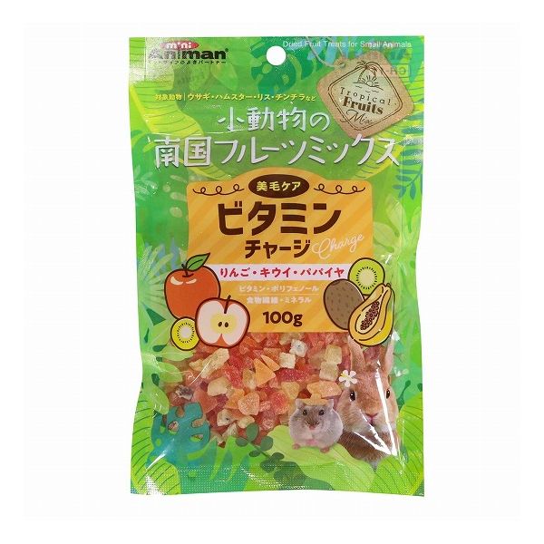 【取り寄せ品のご注意事項（ご注文前にご確認ください）】・本商品は原則注文後のキャンセルはお受けできません。・本商品と他商品で同梱注文をいただき、仮に他商品が完売等でご用意できない場合でも本商品は発送させていただきます。・本商品を複数（2点以上）注文いただき、完売等で注文数のご用意できない場合でもご用意できた数量は発送させていただきます。【商品説明】皮膚、被毛の健康維持に！小動物用のミックスフルーツでビタミンをチャージ！！果実中の豊富な栄養素(食物繊維・ポリフェノール・ミネラル)が豊富な果実りんご・キウイ・パパイヤをミックスしました。果実に含まれる豊富な栄養素がおやつで手軽に採れます！食べやすい小粒タイプ。おやつやごほうびに。ウサギ・ハムスター・リス・チンチラなどに。●原材料(成分)果実類(パパイヤ、キウイ、リンゴ)、糖類、酸味料、保存料(亜硫酸塩)、香料●賞味／使用期限(未開封)18ヶ月※仕入れ元の規定により半年以上期限の残った商品のみ出荷致します●保存方法別途パッケージに記載●原産国または製造地タイ●メーカー名ドギーマンハヤシ 株式会社【送料について】北海道、沖縄、離島は送料を頂きます。