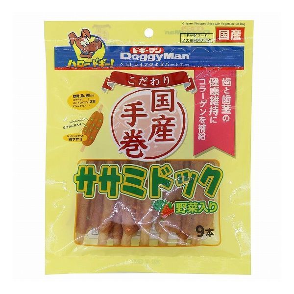 【商品説明】歯と歯茎の健康維持に！食感の違いも楽しいスナック♪・魚と鶏の軟骨を配合した噛みごたえあるスティックを、野菜を加えたやわらかさを残した鶏ササミでサンド。コラーゲンを摂取することで歯と歯を支える歯茎の健康を維持します。・生地は魚肉、鶏肉をベースにコラーゲン、コンドロイチン、グルコサミンを含有した軟骨入り。●原材料(成分)鶏肉(ササミ、胸肉、軟骨)、コーンスターチ、小麦粉、魚肉(白身魚、軟骨)、にんじん、ほうれん草、ソルビトール、プロピレングリコール、ミネラル類(ナトリウム)、リン酸塩(Na)、酸化防止剤(ビタミンC、ビタミンE)、発色剤(亜硝酸ナトリウム)、着色料(赤102、赤106、黄4、青1)●賞味／使用期限(未開封)12ヶ月※仕入れ元の規定により半年以上期限の残った商品のみ出荷致します●保存方法別途パッケージに記載●原産国または製造地日本●メーカー名ドギーマンハヤシ 株式会社【送料について】北海道、沖縄、離島は送料を頂きます。