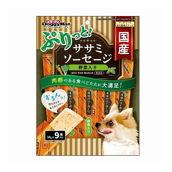 【商品説明】肉感のある食べごたえに大満足！国産鶏ササミの旨みをギュギュッと詰め込んだ、ぷりぷりジューシーなソーセージです。・鶏肉の中で最も低脂肪のササミを使用。・食欲をそそるバジル、健康に配慮したにんじん、ほうれん草入り。・手を汚さず、するんっ！と取り出しやすいフィルム個包装。・手でちぎって少しずつ与えやすい。・着色料、発色剤、酸化防止剤 無添加●原材料(成分)鶏肉(胸肉、ササミ、チキンエキス)、コーンスターチ、調味料、野菜類(にんじん、ほうれん草)、バジル、増粘多糖類、ビタミンE●賞味／使用期限(未開封)24ヶ月※仕入れ元の規定により半年以上期限の残った商品のみ出荷致します●保存方法別途パッケージに記載●原産国または製造地日本●メーカー名ドギーマンハヤシ 株式会社【送料について】北海道、沖縄、離島は送料を頂きます。