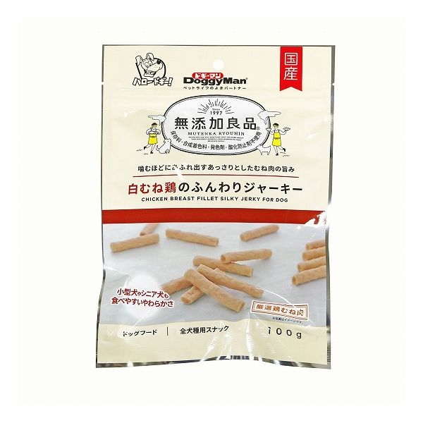 【取り寄せ品のご注意事項（ご注文前にご確認ください）】・本商品は原則注文後のキャンセルはお受けできません。・本商品と他商品で同梱注文をいただき、仮に他商品が完売等でご用意できない場合でも本商品は発送させていただきます。・本商品を複数（2点以上）注文いただき、完売等で注文数のご用意できない場合でもご用意できた数量は発送させていただきます。【商品説明】大切な家族だから ”気になるもの”は使わない、加えない・抗酸化成分(イミダゾールジペプチド)を含む鶏むね肉のあっさりとした旨みをギュッと濃縮！・やわらか食感ながら適度な噛みごたえがあり、食べごたえ抜群です。・小型犬やシニア犬も食べやすいやわらかさ。●原材料(成分)肉類(鶏肉、鶏むね肉)、脱脂大豆、豚ゼラチン、糖類、植物油脂、小麦たん白、加工でん粉、グリセリン、膨張剤、ソルビトール、調味料、ミネラル類(ナトリウム)、ポリリン酸ナトリウム、着色料(クチナシ、マリーゴールド)●賞味／使用期限(未開封)12ヶ月※仕入れ元の規定により半年以上期限の残った商品のみ出荷致します●保存方法別途パッケージに記載●原産国または製造地日本●メーカー名ドギーマンハヤシ 株式会社【送料について】北海道、沖縄、離島は送料を頂きます。