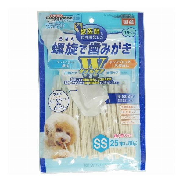 【商品説明】大切な歯の健康のために！・獣医師と共同開発したオリジナル2層構造の長持ち歯みがきガムです。・2つのブラッシング層(ネジリ層、チューイング層)を噛むことで歯垢を除去＆口臭軽減。・乳酸菌の力で歯の健康維持をサポートする歯周ケアのWケア。・おくちの健康維持をサポートする特殊食物繊維、乳酸菌、グロビゲン、プロポリス配合。・ほんのり甘いミルクの香り。・超小型犬でも食べやすいサイズ。・保存料・着色料・発色剤・酸化防止剤不使用。●原材料(成分)牛皮(コラーゲン含有)、米粉、でん粉類、乳酸菌、卵黄粉末(グロビゲン)、プロポリス、食物繊維(セルロース)、グリセリン、香料(ミルクフレーバー)●賞味／使用期限(未開封)12ヶ月※仕入れ元の規定により半年以上期限の残った商品のみ出荷致します●保存方法別途パッケージに記載●原産国または製造地日本●メーカー名ドギーマンハヤシ 株式会社【送料について】北海道、沖縄、離島は送料を頂きます。