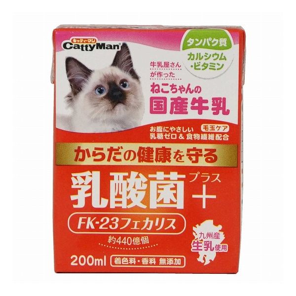 【商品説明】ねこちゃんの健康維持をサポートする機能性牛乳。・健康的な腸内環境や免疫力の維持をサポートすることで注目されている、乳酸菌「エンテロコッカス・フェカリスFK-23」を配合。おいしく味わいながら、健康維持に役立ちます。・食物繊維が毛づくろいなどでお腹にたまった抜け毛の排出をサポートします。ねこちゃんには不可欠な毛玉ケアにも配慮しました。・離乳後、徐々に乳糖を分解しにくくなるねこちゃんのために、乳糖ゼロ。ねこちゃんのお腹にやさしいおいしさです。・原料、味、産地にこだわった、ペット用「国産牛乳」シリーズです。●原材料(成分)生乳、乳酸菌、タウリン、乳糖分解酵素、酸化防止剤(亜硫酸塩)、セルロース(食物繊維)●賞味／使用期限(未開封)12ヶ月※仕入れ元の規定により半年以上期限の残った商品のみ出荷致します●保存方法別途パッケージに記載●原産国または製造地日本●メーカー名ドギーマンハヤシ 株式会社【送料について】北海道、沖縄、離島は送料を頂きます。