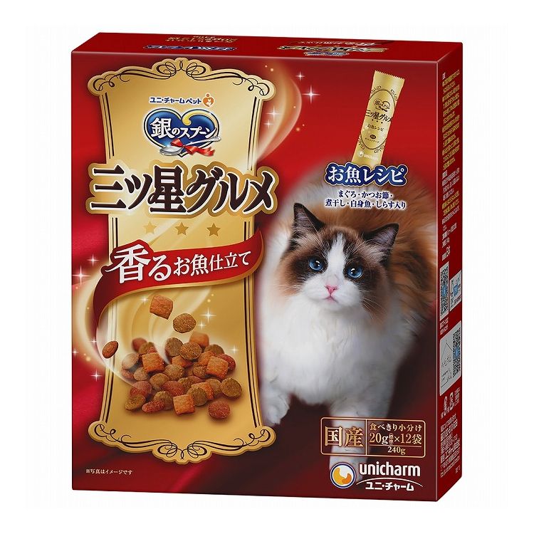 【取り寄せ品のご注意事項（ご注文前にご確認ください）】・本商品は原則注文後のキャンセルはお受けできません。・本商品と他商品で同梱注文をいただき、仮に他商品が完売等でご用意できない場合でも本商品は発送させていただきます。・本商品を複数（2点以上）注文いただき、完売等で注文数のご用意できない場合でもご用意できた数量は発送させていただきます。【商品説明】香り贅沢お魚の美味しさ■香ばしさただよう焼き上げ製法三ツ星グルメだけの特別な製法で、丁寧に焼き上げ、香ばしい香りで、食欲をそそります。■カリッと食感のまぐろ入り粒カリッと粒で、猫ちゃんも大満足の楽しい食感。■全成長段階用総合栄養食抜群のおいしさと優れた栄養バランスを実現。「主食」として必要な栄養をバランス良くとれる全成長段階用総合栄養食！■開けたてがうれしい食べきりサイズ小分け包装でいつでも新鮮なおいしさを味わえます。●原材料(成分)穀類(トウモロコシ、小麦粉、コーングルテンミール、パン粉)、肉類(ビーフミール、ポークミール、チキンエキス、チキンミール)、油脂類、魚介類(フィッシュエキス、フィッシュミール、まぐろミール、かつお節、煮干パウダー、白身魚ミール、乾燥シラス)、ビール酵母、酵母エキス、ミネラル類(カルシウム、塩素、コバルト、銅、鉄、ヨウ素、カリウム、マンガン、リン、亜鉛)、調味料、ビタミン類(A、B1、B2、B6、B12、C、D、E、K、コリン、ナイアシン、パントテン酸、ビオチン、葉酸)、着色料(二酸化チタン、赤色102号、赤色106号、黄色4号、黄色5号)、アミノ酸類(タウリン)、酸化防止剤(ミックストコフェロール、ハーブエキス)●エネルギー約400kcal/100g●賞味／使用期限(未開封)18ヶ月※仕入れ元の規定により3ヵ月を切った商品は出荷致しません●保存方法・直射日光や高温多湿を避け、小児の手が届かない、涼しく、風通しのよい場所に保管してください。・開封後は、虫などが入らないように密閉して衛生的に保管し、早めにお使いください。・本品の空き袋をおもちゃにしないでください。●原産国または製造地日本【送料について】北海道、沖縄、離島は送料を頂きます。