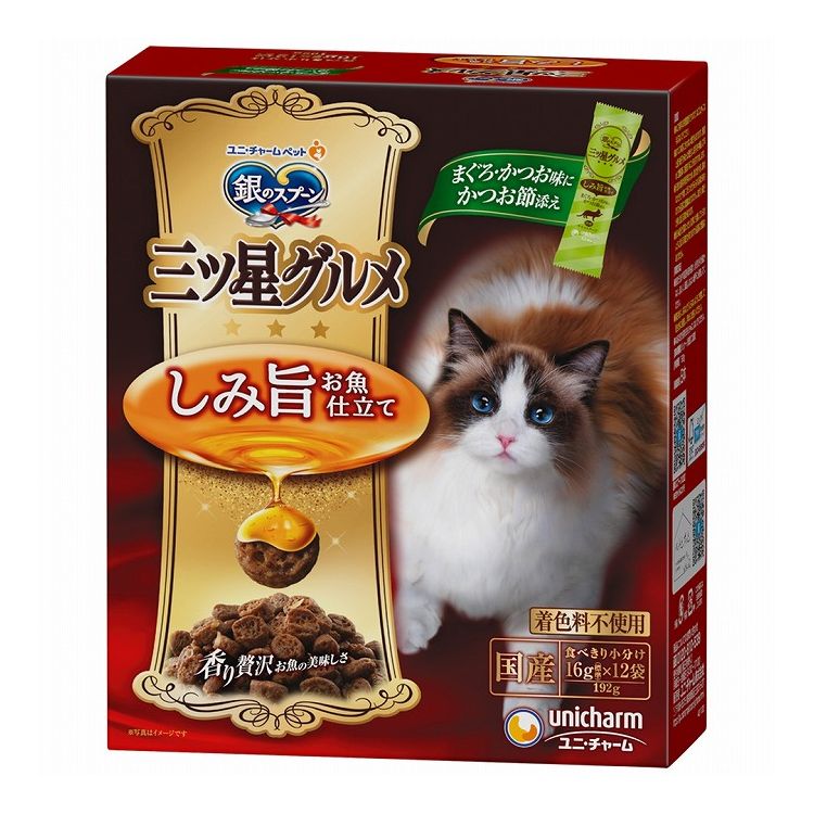 【取り寄せ品のご注意事項（ご注文前にご確認ください）】・本商品は原則注文後のキャンセルはお受けできません。・本商品と他商品で同梱注文をいただき、仮に他商品が完売等でご用意できない場合でも本商品は発送させていただきます。・本商品を複数（2点以上）注文いただき、完売等で注文数のご用意できない場合でもご用意できた数量は発送させていただきます。【商品説明】香り贅沢！お魚の美味しさ・お魚の味の旨みをふんだんにしみこませたドライ粒に香りのよいかつお節が入った猫ちゃんが喜ぶ深い味わいと香りを実現しました。・国産、着色料不使用・総合栄養食・使いやすい小分けパック●原材料(成分)穀類(小麦粉、コーングルテンミール)、肉類(ビーフミール、チキンエキス、チキンミール、ポークミール)、動物性油脂、魚介類(フィッシュエキス、かつお節、まぐろミール、かつおミール)、ビール酵母、酵母エキス、ミネラル類(カルシウム、塩素、コバルト、銅、鉄、ヨウ素、カリウム、マンガン、ナトリウム、リン、亜鉛)、調味料、ビタミン類(A、B1、B2、B6、B12、C、D、E、K、コリン、ナイアシン、パントテン酸、ビオチン、葉酸)、アミノ酸類(タウリン)、酸化防止剤(ミックストコフェロール、ハーブエキス)●エネルギー約395kcal/100g●賞味／使用期限(未開封)540日※仕入れ元の規定により3ヵ月を切った商品は出荷致しません●保存方法・高温多湿や直射日光を避け、小児の手の届かない、涼しく風通しのよい場所に保管してください。・開封後は、虫などが入らないように密閉して衛生的に保管し、早めにお使いください。●原産国または製造地日本【送料について】北海道、沖縄、離島は送料を頂きます。