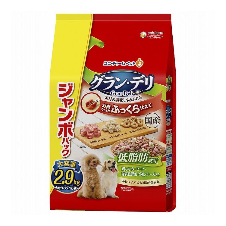 【取り寄せ品のご注意事項（ご注文前にご確認ください）】・本商品は原則注文後のキャンセルはお受けできません。・本商品と他商品で同梱注文をいただき、仮に他商品が完売等でご用意できない場合でも本商品は発送させていただきます。・本商品を複数（2点以上）注文いただき、完売等で注文数のご用意できない場合でもご用意できた数量は発送させていただきます。【商品説明】素材の美味しさあふれるお肉たっぷりの国産総合栄養食・「グラン・デリ ふっくら仕立て」は、国産のお肉たっぷりの、ソフトタイプ総合栄養食ドッグフードです・角切りビーフ粒・ささみ入りふんわり粒・ささみ入り大豆フレーク入り・美味しさはそのままに、脂肪分を約20%カットした低脂肪タイプ（グラン・デリふっくら仕立て全成長段階用比）・栄養素をバランス良く摂取できる総合栄養食・健康維持に必要なオメガ6＆3脂肪酸をバランス良く調整●原材料(成分)穀類(小麦粉、トウモロコシ、パン粉、小麦グルテン)、糖類(ブドウ糖果糖液糖、ショ糖、粉末水あめ)、豆類(脱脂大豆、大豆パウダー、おからパウダー、大豆エキス、大豆タンパク)、肉類(ビーフミール、ポークミール、ビーフ、チキンエキス、チキンミール、ササミパウダー)、油脂類、魚介類(フィッシュミール、小魚パウダー)、ビール酵母、チーズパウダー、野菜類(ニンジンパウダー、カボチャパウダー、ホウレンソウパウダー)、プロピレングリコール、ミネラル類(カルシウム、塩素、銅、鉄、ヨウ素、カリウム、ナトリウム、リン、亜鉛）、グリセリン、乳化剤、増粘安定剤(加工でん粉、アルギン酸エステル)、保存料(ソルビン酸K、ソルビン酸)、ソルビトール、pH調整剤、調味料、ビタミン類(A、B1、B2、B6、B12、D、E、K、コリン、パントテン酸)、着色料(二酸化チタン、赤色40号、赤色106号、黄色4号、黄色5号、青色1号)、リン酸塩、酸化防止剤(アスコルビン酸Na、ミックストコフェロール、ハーブエキス、ローズマリー抽出物)、発色剤(亜硝酸Na)●エネルギー約285kcal/100g●賞味／使用期限(未開封)360日※仕入れ元の規定により3ヵ月を切った商品は出荷致しません●保存方法・高温多湿や直射日光を避け、風通しのよい場所に保管してください。・保管状態によっては、風味が落ちる場合がありますが、与えても差し支えありません。・開封後はほこりや虫が入らないよう、チャックを閉じて、要冷蔵にて保管し、早めに使い切って下さい。・食品、食器、おもちゃ、ペット用品等と区別し、小児の手の届かない場所に保管してください。●原産国または製造地日本【送料について】北海道、沖縄、離島は送料を頂きます。