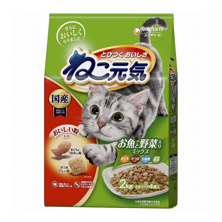 【取り寄せ品のご注意事項（ご注文前にご確認ください）】・本商品は原則注文後のキャンセルはお受けできません。・本商品と他商品で同梱注文をいただき、仮に他商品が完売等でご用意できない場合でも本商品は発送させていただきます。・本商品を複数（2点以上）注文いただき、完売等で注文数のご用意できない場合でもご用意できた数量は発送させていただきます。【商品説明】とびつく おいしさ！・サクサクおいしい食感のかつおだし入り粒と、まぐろのうまみ入り粒が入ってとびつくおいしさ・おいしさと栄養バランスを考えた総合栄養食・体をつくり、健康を維持するのに欠かせないビタミン・ミネラルをバランス良く調整●原材料(成分)穀類(トウモロコシ、コーングルテンミール、小麦粉、パン粉)、肉類(チキンミール、ポークミール、ビーフミール、チキンエキス)、豆類(脱脂大豆)、動物性油脂、魚介類(フィッシュミール、フィッシュエキス、白身魚ミール、まぐろエキス、かつおエキス)、ビール酵母、野菜類(ニンジンパウダー、カボチャパウダー、ホウレンソウパウダー)、酵母エキス、ミネラル類(カルシウム、塩素、コバルト、銅、鉄、ヨウ素、カリウム、マンガン、ナトリウム、リン、亜鉛)、アミノ酸類(タウリン、メチオニン)、ビタミン類(A、B1、B2、B6、B12、C、D、E、K、コリン、ナイアシン、パントテン酸、ビオチン、葉酸)、着色料(二酸化チタン、赤色40号、赤色102号、赤色106号、黄色4号、黄色5号、青色1号)、酸化防止剤(ミックストコフェロール、ハーブエキス)●エネルギー約350kcal/100g●賞味／使用期限(未開封)18ヶ月※仕入れ元の規定により3ヵ月を切った商品は出荷致しません●保存方法・直射日光や高温多湿を避け、小児の手が届かない、涼しく、風通しのよい場所に保管してください。・開封後は、虫などが入らないように密閉して衛生的に保管し、早めにお使いください。・本品の空き袋をおもちゃにしないでください。●原産国または製造地日本【送料について】北海道、沖縄、離島は送料を頂きます。