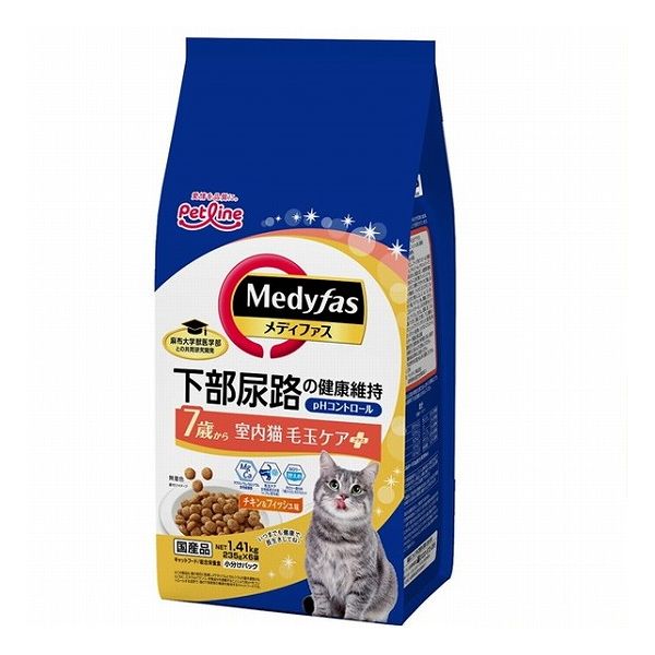 【6個セット】 ペットライン メディファス 室内猫 毛玉ケアプラス 7歳から チキン&フィッシュ味 1.41kg(235g×6)【ポイント10倍】【送料無料】