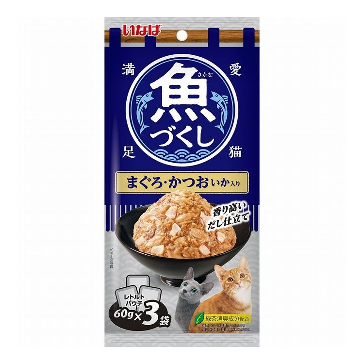 【取り寄せ品のご注意事項（ご注文前にご確認ください）】・本商品は原則注文後のキャンセルはお受けできません。・本商品と他商品で同梱注文をいただき、仮に他商品が完売等でご用意できない場合でも本商品は発送させていただきます。・本商品を複数（2点以上）注文いただき、完売等で注文数のご用意できない場合でもご用意できた数量は発送させていただきます。【商品説明】香り高いだし仕立て！・まぐろとかつおを猫ちゃんの食べやすい細かめのフレークで仕上げいかを加えました。・スルッと出しやすいやわらかなゼリータイプ・緑茶消臭成分配合(緑茶エキスが腸管内の内容物の臭いを吸着し、糞・尿臭を和らげます)・1袋3パック入りで多頭飼いの家庭でも便利●原材料(成分)かつお、まぐろ、いか、かつおエキス、寒天、増粘多糖類、ビタミンE、緑茶エキス●賞味／使用期限(未開封)24ヶ月※仕入れ元の規定により半年以上期限の残った商品のみ出荷致します。●保存方法別途パッケージに記載●メーカー名いなばペットフード 株式会社【送料について】北海道、沖縄、離島は送料を頂きます。