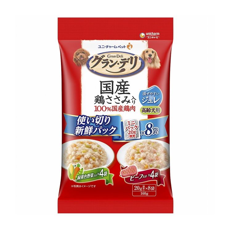 【取り寄せ品のご注意事項（ご注文前にご確認ください）】・本商品は原則注文後のキャンセルはお受けできません。・本商品と他商品で同梱注文をいただき、仮に他商品が完売等でご用意できない場合でも本商品は発送させていただきます。・本商品を複数（2点以上）注文いただき、完売等で注文数のご用意できない場合でもご用意できた数量は発送させていただきます。【商品説明】100％国産鶏肉を使用した使い切りウェットフード・1回で使い切れるから、毎回開けたての美味しさを楽しめる・100％国産の良質な鶏肉を調理・美味しい鶏ささみ入りレトルトパウチ・ドライタイプとソフトタイプのフードと混ぜやすいジュレタイプ・高齢犬の健康維持を考えてビタミンB群・C・Eを調整・緑黄色野菜入りとビーフ入りがそれぞれ4個ずつ入った嬉しいアソート8個パック●原材料(成分)【緑黄色野菜入り】肉類(鶏胸肉、ささみ)、野菜類(ニンジン、グリーンピース、スイートコーン)、しょうゆ、寒天、こんにゃく粉、増粘多糖類、乳酸カルシウム、酸化防止剤(EDTA-Ca・Na)、ビタミン類(B1、B2、B6、B12、C、E)、グルコサミン塩酸塩、コンドロイチン硫酸【ビーフ入り】肉類(鶏胸肉、ビーフ、ささみ)、野菜類(ニンジン、グリーンピース、スイートコーン)、しょうゆ、寒天、こんにゃく粉、増粘多糖類、乳酸カルシウム、酸化防止剤(EDTA-Ca・Na)、ビタミン類(B1、B2、B6、B12、C、E)、グルコサミン塩酸塩、コンドロイチン硫酸●保証成分タンパク質6.5％以上、脂質1.0％以上、粗繊維1.0％以下、粗灰分1.5％以下、水分93.0％以下●賞味／使用期限(未開封)720日※仕入れ元の規定により3か月以上期限の残った商品のみ出荷致します。●保管方法別途パッケージに記載●原産国日本●メーカー名ユニ・チャーム 株式会社【送料について】北海道、沖縄、離島は送料を頂きます。