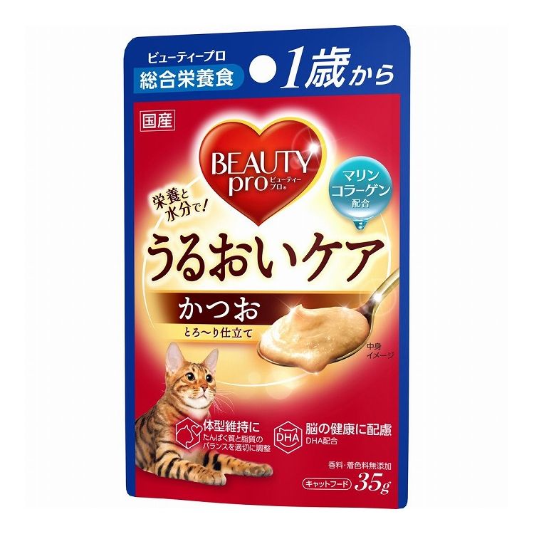 【取り寄せ品のご注意事項（ご注文前にご確認ください）】・本商品は原則注文後のキャンセルはお受けできません。・本商品と他商品で同梱注文をいただき、仮に他商品が完売等でご用意できない場合でも本商品は発送させていただきます。・本商品を複数（2点以上）注文いただき、完売等で注文数のご用意できない場合でもご用意できた数量は発送させていただきます。【商品説明】食事と同時に水分補給！みずみずしいおいしさでうるおいケア！・マリンコラーゲン配合でおいしく・かしこく栄養と水分を。なめとりやすいとろ〜り仕立て■健康的な体型維持にたんぱく質量と脂質のバランスを適切に調整■脳の健康に配慮健やかな脳の健康維持にDHA配合■低分子マリンコラーゲン配合天然魚由来のマリンコラーゲン配合でうるおいケアを〇原材料(成分)魚介類(カツオ、フィッシュエキスパウダー、マリンコラーゲン)、鶏ササミ、大豆タンパク、油脂類(植物性油脂、動物性油脂(DHA含む))、小麦タンパク、グラニュー糖、セレン酵母、GABA、ミネラル類(Ca、K、Cl、Mg、Fe、Cu、Mn、Zn、i)、増粘安定剤(加工でん粉、キサンタンガム)、ビタミン類(A、B1、B2、B6、B12、D、E、K、ナイアシン、パントテン酸、ビオチン、葉酸、コリン)、タウリン、酸化防止剤(EDTA-2Na、ビタミンC)〇保証成分たんぱく質10.0％以上、脂質1.5％以上、粗繊維0.5％以下、灰分3.0％以下、水分83.6％以下、カルシウム0.15％以上、リン0.14％以上、マグネシウム0.02％(標準値)〇賞味／使用期限(未開封)24ヶ月※仕入れ元の規定により3ヵ月以上の商品のみ出荷致します〇保管方法別途パッケージに記載〇原産国日本〇メーカー名日本ペットフード 株式会社【送料について】北海道、沖縄、離島は送料を頂きます。