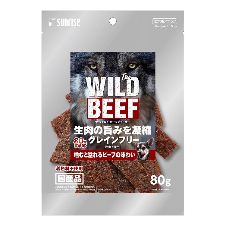 【商品説明】使用原材料の80％以上が肉類、穀物不使用(グレインフリー)でつくったビーフジャーキーです。噛めばお肉の旨みがじわっと広がります。〇原材料(成分)肉類(ビーフ等)、糖類、増粘安定剤(グリセリン、ソルビトール)、乳化剤、リン酸塩(Na)、ミネラル類(塩化ナトリウム)、酸化防止剤(エリソルビン酸ナトリウム)、調味料、保存料(ソルビン酸カリウム)〇賞味／使用期限(未開封)12ヶ月※仕入れ元の規定により3か月以上期限の残った商品のみ出荷致します。〇保管方法別途パッケージに記載〇原産国日本〇メーカー名株式会社 マルカン サンライズ事業部【取り寄せ品のご注意事項（ご注文前にご確認ください）】・本商品は原則注文後のキャンセルはお受けできません。・本商品と他商品で同梱注文をいただき、仮に他商品が完売等でご用意できない場合でも本商品は発送させていただきます。・本商品を複数（2点以上）注文いただき、完売等で注文数のご用意できない場合でもご用意できた数量は発送させていただきます。【送料について】北海道、沖縄、離島は送料を頂きます。