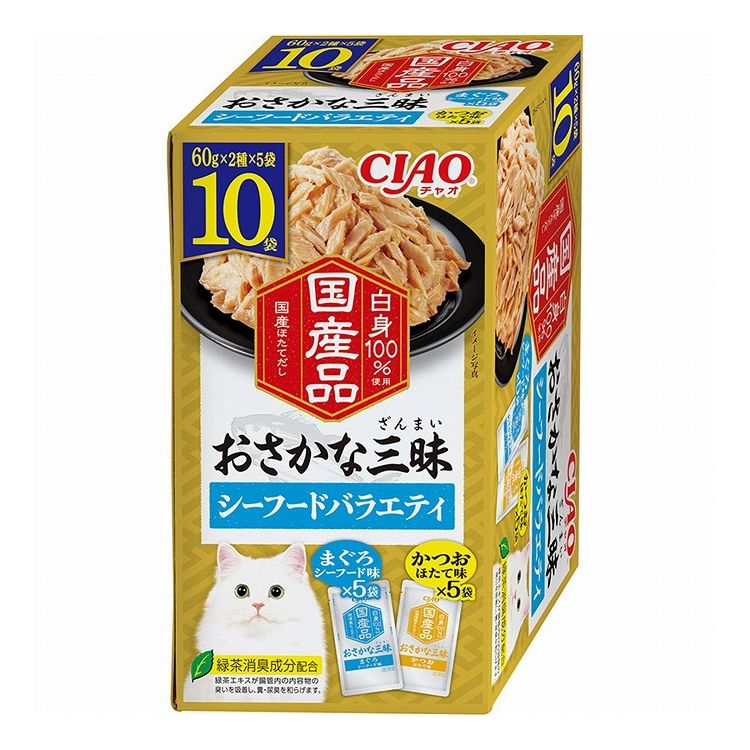 【商品説明】・まぐろとかつおの白身を100％使用した贅沢なウェットフード。焼津産かつおだしで風味豊かに仕上げました。・まぐろ・シーフード味×5袋、かつお・ほたて味×5袋の計10袋入り。グルメな猫ちゃんも大満足の美味しさです。・緑茶消臭成分を配合。緑茶エキスが腸管内の内容物の臭いを吸着し、糞・尿臭を和らげます。・袋の両はしを押して空気を入れるとスルッとでます。〇原材料(成分)【まぐろ シーフード味】かつお、まぐろ、ほたてエキス、かつお節エキス、糖類(オリゴ糖等)、植物性油脂、増粘多糖類、ミネラル類(Na、P、Cl)、調味料(アミノ酸)、ビタミンE、紅麹色素、緑茶エキス【かつお ほたて味】かつお、ほたてエキス、糖類(オリゴ糖等)、植物性油脂、増粘多糖類、ミネラル類(Na、P、Cl)、調味料(アミノ酸)、ビタミンE、紅麹色素、緑茶エキス〇賞味/使用期限(未開封)24ヶ月〇保管方法・お使い残りの出た場合は、他の容器に移し替えて冷蔵庫に入れ早めにお与えください。〇原産国日本〇メーカー名いなばペットフード 株式会社〇諸注意・袋の両はしを押して空気を入れるとスルッと出ます。【取り寄せ品のご注意事項（ご注文前にご確認ください）】・本商品は原則注文後のキャンセルはお受けできません。・本商品と他商品で同梱注文をいただき、仮に他商品が完売等でご用意できない場合でも本商品は発送させていただきます。・本商品を複数（2点以上）注文いただき、完売等で注文数のご用意できない場合でもご用意できた数量は発送させていただきます。【送料について】北海道、沖縄、離島は送料を頂きます。LINK単品2個セット4個セット8個セット
