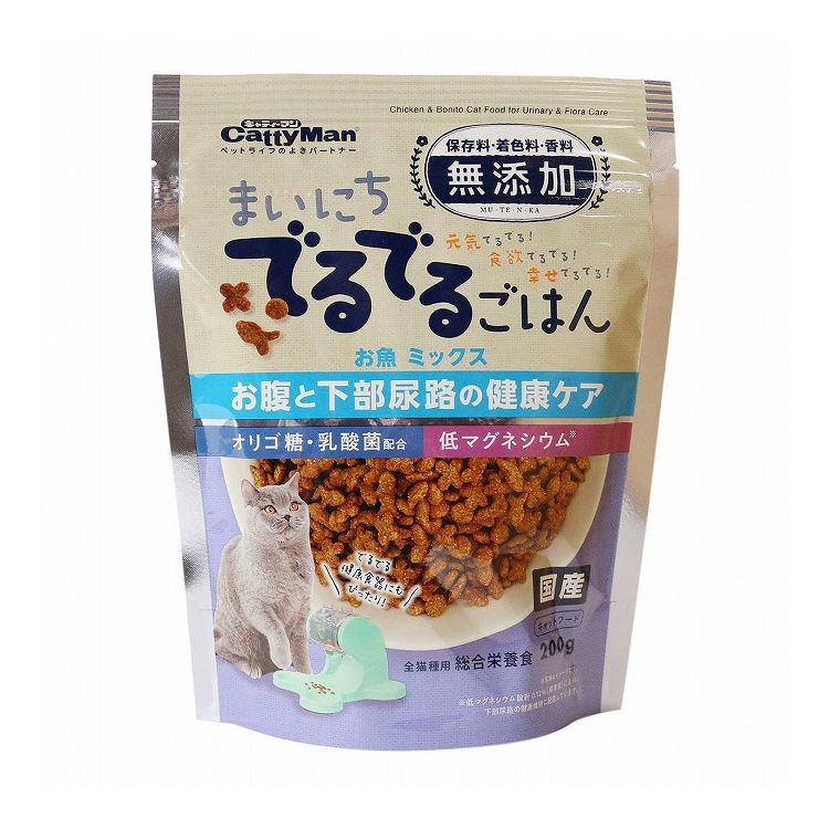 【商品説明】・毎日のごはんで健康維持をおいしくアシストするドライフードです。・乳酸菌、オリゴ糖配合で、気になるお腹の健康維持と、マグネシウム量を調整し、気になる下部尿路の健康維持に役立ちます。・全成長段階用の総合栄養食なので、幼猫から成猫までご使用可能です。・保存料・香料・着色料不使用。・「でるでる健康食器」にもぴったり！○原材料とうもろこし、肉類(チキンミール、チキンレバーパウダー)、コーングルテンミール、小麦粉、動物油脂、魚粉、フィッシュエキス、おからパウダー、カツオパウダー、まぐろパウダー、オリゴ糖、乳酸菌、ミネラル類(Na、Cl、Ca、P、K、Zn、Fe、Mn、Cu、Co、I)、ビタミン類(A、B1、B2、B6、B12、C、D3、E、K3、コリン、ニコチン酸、パントテン酸、葉酸、ビオチン)、アミノ酸類(メチオニン、リジン、トリプトファン、タウリン)、酸化防止剤(ミックストコフェロール、ハーブ抽出物)○賞味/使用期限(未開封)24ヶ月※仕入れ元の規定により3ヶ月以上期限の残った商品のみ出荷致します○保管方法・幼児や子供、ペットのふれない場所で保存してください。○原産国日本○メーカー名ドギーマンハヤシ 株式会社○諸注意・ペットフードとして用途をお守りください。・記載表示を参考に、ペットが食べ過ぎないようにしてください。・必ず様子を見ながら与えてください。・子供がペットに与える時は、安全のため大人が立ち会ってください。・ペットが興奮したりしないよう、落ち着いた環境で与えてください。・ペットの体調が悪くなったときには、獣医師に相談してください。【取り寄せ品のご注意事項（ご注文前にご確認ください）】・本商品は原則注文後のキャンセルはお受けできません。・本商品と他商品で同梱注文をいただき、仮に他商品が完売等でご用意できない場合でも本商品は発送させていただきます。・本商品を複数（2点以上）注文いただき、完売等で注文数のご用意できない場合でもご用意できた数量は発送させていただきます。【送料について】北海道、沖縄、離島は送料を頂きます。LINK単品4個セット8個セット12個セット