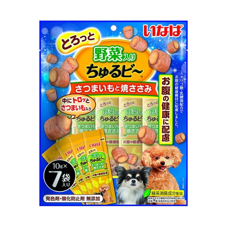 【商品説明】・外はふっくら、中はトロッとさつまいもが入って、2つの食感が楽しめます。・オリゴ糖、乳酸菌配合でお腹の健康維持に配慮しました。・緑茶消臭成分配合で腸管内の内容物の臭いを吸着し、糞、尿臭を和らげます。・発色剤、酸化防止剤 不使用○原材料(成分)鶏肉(ささみ)、さつまいも、鶏脂、でん粉、卵白粉末、かつお節、チキンエキス、酵母エキス、オリゴ糖、寒天、殺菌乳酸菌、カゼインナトリウム、増粘多糖類、着色料(カロテノイド)、ビタミンE、緑茶エキス○賞味／使用期限(未開封)18ヶ月○保存方法別途パッケージに記載○原産国中国○メーカー名いなばペットフード 株式会社【取り寄せ品のご注意事項（ご注文前にご確認ください）】・本商品は原則注文後のキャンセルはお受けできません。・本商品と他商品で同梱注文をいただき、仮に他商品が完売等でご用意できない場合でも本商品は発送させていただきます。・本商品を複数（2点以上）注文いただき、完売等で注文数のご用意できない場合でもご用意できた数量は発送させていただきます。【送料について】北海道、沖縄、離島は送料を頂きます。LINK単品4個セット8個セット16個セット