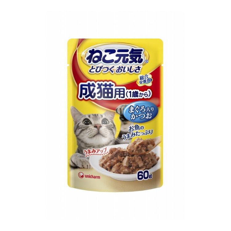 ユニチャーム ねこ元気 総合栄養食パウチ 成猫用(1歳から) まぐろ入りかつお 60g【ポイント10倍】