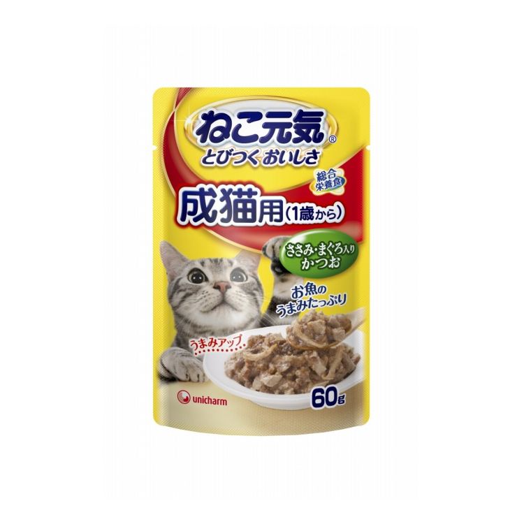 ユニチャーム ねこ元気 総合栄養食パウチ 成猫用(1歳から) ささみ・まぐろ入りかつお 60g【ポイント10..