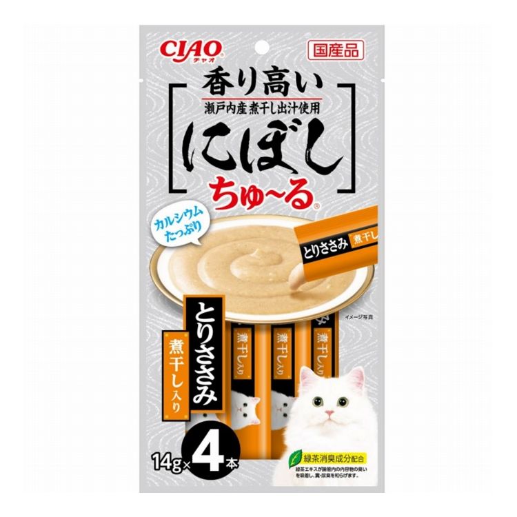 【商品説明】・ちゅ〜と出して、なめるだけで簡単に栄養補給。・香り高い煮干しを使用。一度与えたらやみつきになる美味しさです。○原材料(成分)鶏肉(ささみ)、煮干し、ほたてエキス、煮干しだし、糖類(オリゴ糖等)、植物性油脂、増粘安定剤(増粘多糖類、加工でん粉)、ミネラル類(Na、P、Cl)、調味料(アミノ酸)、緑茶エキス○賞味／使用期限(未開封)730日○保存方法別途パッケージに記載○原産国日本○メーカー名いなばペットフード 株式会社【取り寄せ品のご注意事項（ご注文前にご確認ください）】・本商品は原則注文後のキャンセルはお受けできません。・本商品と他商品で同梱注文をいただき、仮に他商品が完売等でご用意できない場合でも本商品は発送させていただきます。・本商品を複数（2点以上）注文いただき、完売等で注文数のご用意できない場合でもご用意できた数量は発送させていただきます。【送料について】北海道、沖縄、離島は送料を頂きます。LINK単品6個セット12個セット24個セット