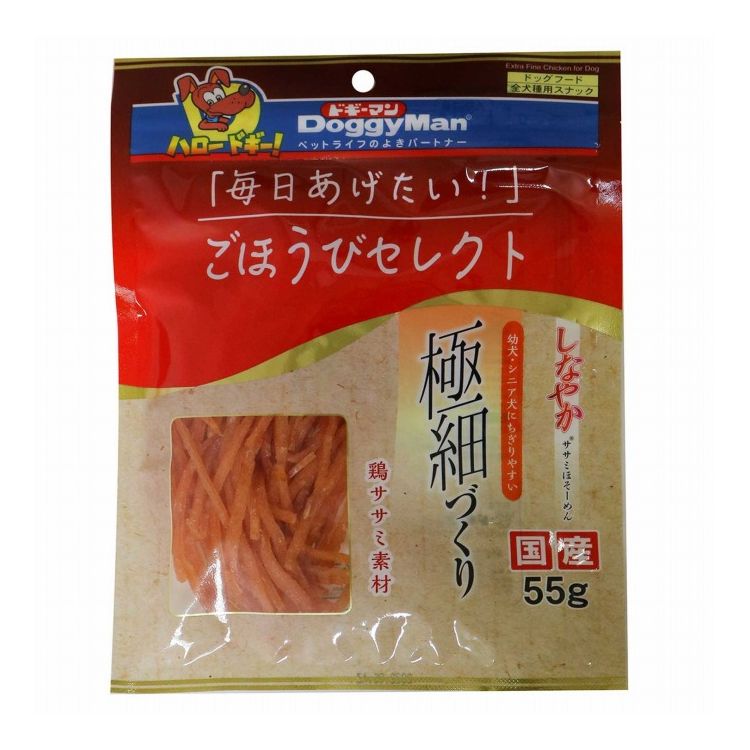 【商品説明】・鶏ササミで作った、ヘルシーなスナック。・細くカットしたササミを、ローラーでプレス！筋繊維を押し上げて、やわらかな質感に。ゆるやかについたカールがしなやかさのしるしです。〇原材料(成分)鶏ササミ、糖類、ソルビトール、グリセリン、プロピレングリコール、酸化防止剤(エリソルビン酸ナトリウム)、リン酸塩(Na)、ミネラル類(ナトリウム)、調味料、保存料(ソルビン酸カリウム)、発色剤(亜硝酸ナトリウム)〇賞味/使用期限(未開封)12ヶ月※仕入れ元の規定により3ヶ月以上期限の残った商品のみ出荷致します。〇保管方法・お買い上げ後は直射日光、高温多湿の場所を避けて保存してください。・開封後は冷蔵し、賞味期限に関わらず早めに与えてください。〇給与方法別途パッケージに記載〇原産国日本〇メーカー名ドギーマンハヤシ株式会社【取り寄せ品のご注意事項（ご注文前にご確認ください）】・本商品は原則注文後のキャンセルはお受けできません。・本商品と他商品で同梱注文をいただき、仮に他商品が完売等でご用意できない場合でも本商品は発送させていただきます。・本商品を複数（2点以上）注文いただき、完売等で注文数のご用意できない場合でもご用意できた数量は発送させていただきます。【送料について】北海道、沖縄、離島は送料を頂きます。