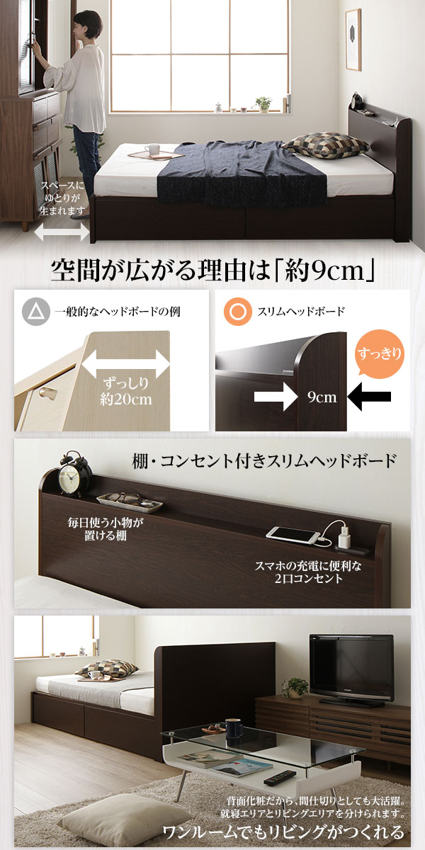 リコメン堂の〔組立設置サービス付き〕薄型宮付き 頑丈ボックス収納 ベッド シングル アイボリー 3ゾーンポケットコイルマットレス付き 引き出し2杯付き ヘッドボード付き 宮棚付き 2口コンセント付き 日本製収納ベッド 国産ベッドフレーム インテリア家具 寝室家具【代引不可】｜アングル3