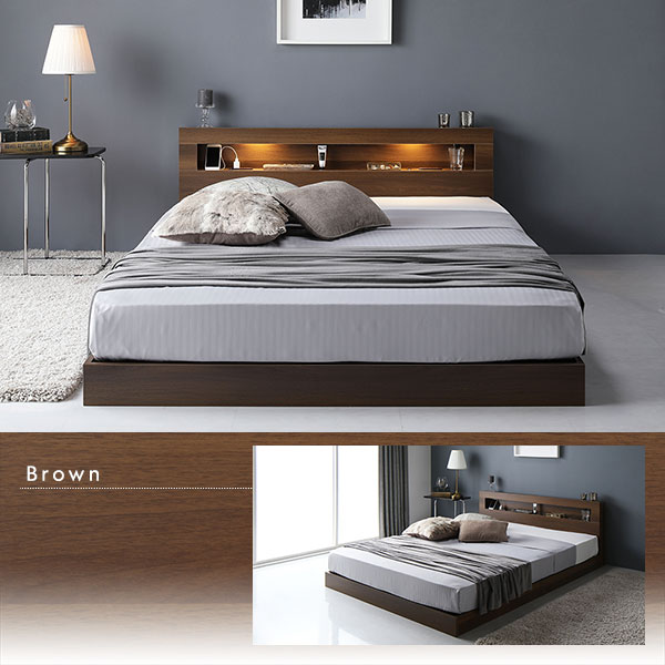 ベッド ダブル 2層ポケットコイルマットレス付き ヴィンテージブラウン 低床 すのこ 照明付 宮付 棚付 コンセント付 ローベッド [2]