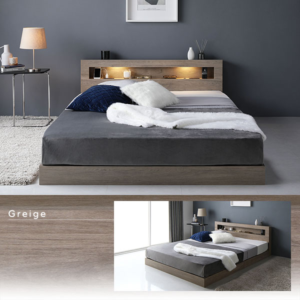 ベッド セミシングル ボンネルコイルマットレス付き シャビーオーク 低床 すのこ 照明付 宮付 棚付 コンセント付 ローベッド 組立品