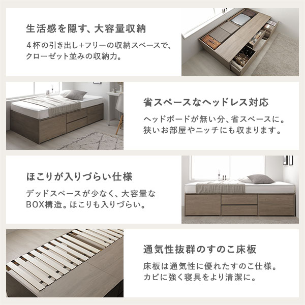 ヘッドレス チェスト ベッド 通常丈ダブル ブラウン 3ゾーンポケットコイルマット...