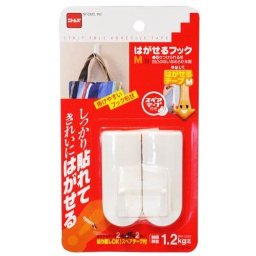 サイズ:幅2.8×奥行2.5×高さ6.8cm本体重量:0.03kg素材・材質:ABS樹脂・合成ゴム系粘着剤原産国:中国セット内容・付属品:本体2個+テープ4枚しっかり貼れて、きれいにはがせる粘着テープを使用しています。貼りまちがえても付属のスペアテープで貼り直しできます。耐荷重(kg):1.2縦(mm):70横(mm):29質量(g):29パック内容:フック2個、はがせるテープM4枚粘着式（はがせるタイプ）本体：ABS樹脂粘着剤：合成ゴム系原産国：中国【送料について】北海道、沖縄、離島は送料を頂きます。