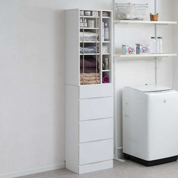 KING ランドリーチェスト 幅45.5 省スペース 洗面所 シンプル おしゃれ オープン棚 台 引出し 引き出し チェスト 衣類収納 タオル収納 脱衣所 ランドリーラック オープンラック 木製 白(代引不可)【送料無料】