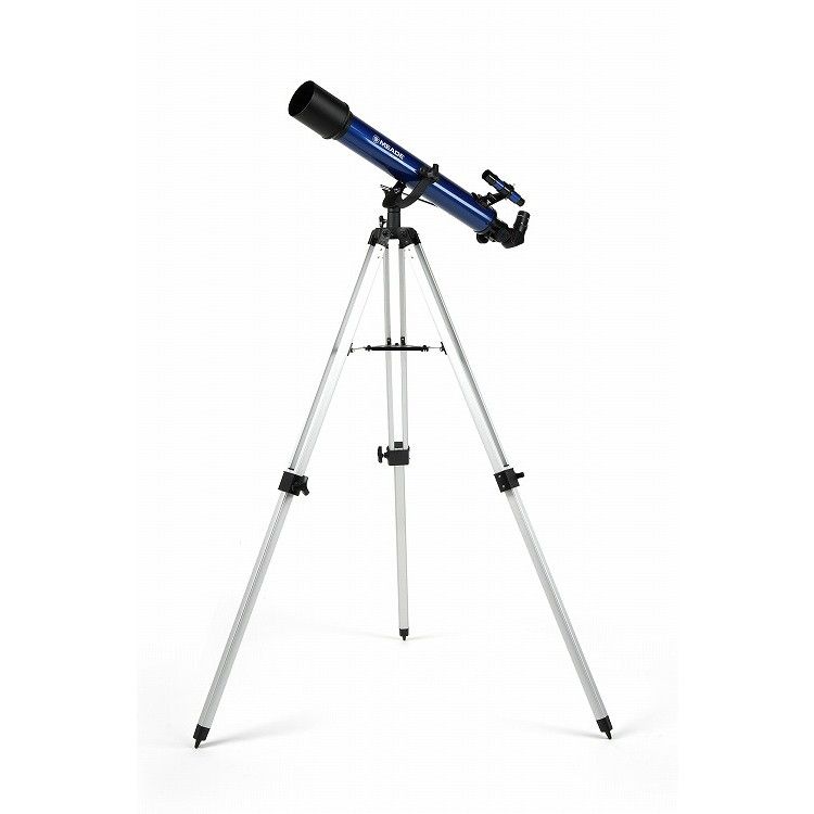 米国ミード社の入門者向け天体望遠鏡。入門者でも扱いやすい屈折式の光学系と、架台部は上下・左右の動きで扱いやすい経緯台式を採用しました。AZM-70は多くの光を集められるよう70mmの光学レンズを採用。また、接眼レンズも天体観測しやすいよう、アメリカンサイズアイピースが付属されています。三脚には、軽量のアルミ伸縮三脚を採用。軽量で扱いやすく、お好みの高さに変えることができます。月のクレーターや木星のガリレオ衛星など、多くの天体を手軽に観測するのに最適です。光学系 屈折式（アクロマート）対物レンズ径 70mm焦点距離 700mmF値 F10極限等級 11等星集光力 100倍分解能 1.66秒ファインダー 5×24光学ファインダー架台部 フォーク式経緯台三脚 アルミ伸縮三脚接眼レンズと倍率 26mm（26.9/53.8倍）9mm（77.8/155.6倍）（通常時/2倍バーローレンズ使用時）付属品 接眼レンズ2個、2倍バーローレンズ、正立プリズム、5×24光学ファインダー、取扱説明書、保証書【送料について】北海道、沖縄、離島は別途送料を頂きます。