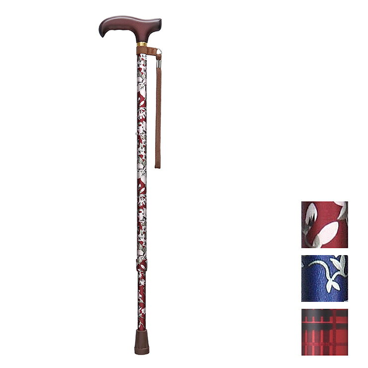商品サイズ：幅17×奥行2.5×高さ61cm　294g材質：シャフト=アルミニウム グリップ=天然木（　楓材　） ストラップ=ポリプロピレン 替えゴム=合成ゴム 原産国：台湾　完成品　対応身長＝約127〜172cm使用替えゴム=16mm用重量＝約240g約66.5〜89cm伸縮（10段階調節・2.5cmピッチ）身長に合わせて伸縮させることができるステッキです。リーズナブルなステッキ！スタンダードカラーのチェックレッド・花柄赤・花柄青の3色を取り揃えました。身長に合わせて伸縮させることができるステッキです。SGマーク取得【代引きについて】こちらの商品は、代引きでの出荷は受け付けておりません。【送料について】北海道、沖縄、離島は送料を頂きます。