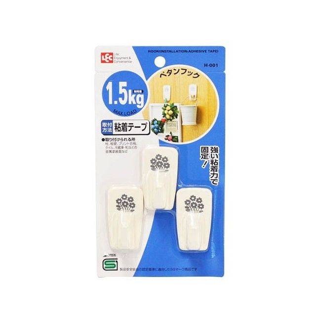粘着テープ式のフック3個入り。可愛い、花柄模様入りフック。サイズ（約）:幅2.5×奥行2×高さ5cm材質:ABS樹脂日本製取り付けられる所:柱、板壁、プリント合板、化粧合板、タイル、ガラス、ステンレス、冷蔵庫・洗濯機などの金属塗装面、塗装のしていないコンクリート【代引きについて】こちらの商品は、代引きでの出荷は受け付けておりません。【送料について】北海道、東北、九州は送料を頂きます。沖縄、離島は配送不可。
