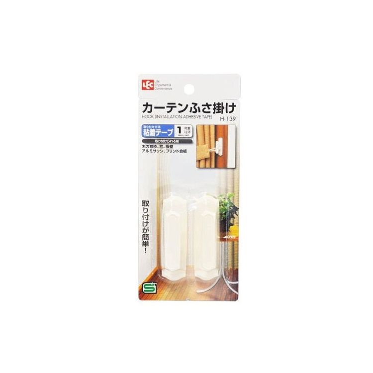 粘着テープ式のカーテンふさ掛け2個入り。付けたい場所に簡単に手早く設置できます。インテリアに馴染むホワイトカラー。サイズ（約）:幅2×奥行2.5×高さ7cm材質:材質:スチロール樹脂耐荷重:1kg（フック使用時）取り付けられる所:柱、板壁、プリント合板、化粧合板、タイル、ガラス、ステンレス、冷蔵庫・洗濯機などの金属塗装面、塗装のしていないコンクリート【代引きについて】こちらの商品は、代引きでの出荷は受け付けておりません。【送料について】北海道、東北、九州は送料を頂きます。【配送について】沖縄、離島は配送できません。予めご了承ください。