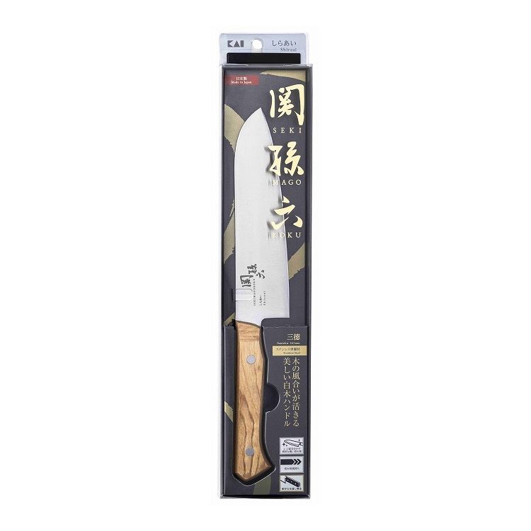 木の風合いが活きる美しい白木ハンドルが特徴の三徳包丁。刀鍛冶の信念を受け継いだ「関孫六」シリーズ。刃付け跡にできる角を滑らかに研磨する三工程刃付けにより食材の切断抵抗を小さくし、爽快な鋭い切れ味を実現。フィット感のよい積層強化木を使用し、握りやすさにこだわったハンドル形状。刃体の鋼材を柄全体に通した本通し仕様により重量バランスがよく、長時間使用しても疲れにくい。刃はメンテナンスがしやすいステンレス鋼。小回りの利きやすい刃形状。左右兼用タイプ。食器洗い乾燥機では使用不可。サイズ（約）全長29.3×刃幅4.7×柄の高さ1.7cm刃渡り16.5cm材質:刃体/ステンレス刃物鋼　ハンドル/積層強化木重量（約）155g【代引きについて】こちらの商品は、代引きでの出荷は受け付けておりません。【送料について】北海道、東北、九州は送料を頂きます。【配送について】沖縄、離島は配送できません。予めご了承ください。LINKペティナイフ小三徳包丁三徳包丁牛刀包丁