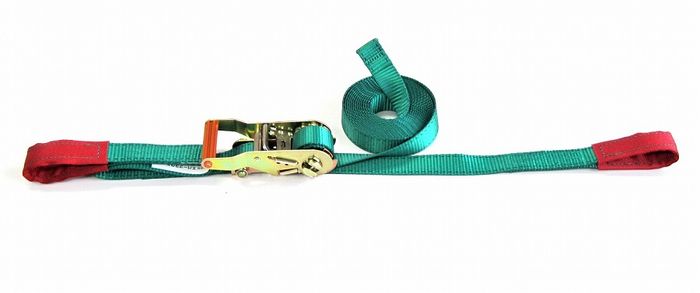 【商品詳細】ラチェットハンドル式のベルト荷締機。簡単な動作と軽い力で強力な荷締めが可能。バルト幅：25mm端末形状：スリングフック巻取り側ベルト長さ：4m固定側ベルト長さ：0.5m使用荷重：300kg破断荷重：1500kg原産国：台湾【送料について】北海道、沖縄、離島は送料を頂きます。