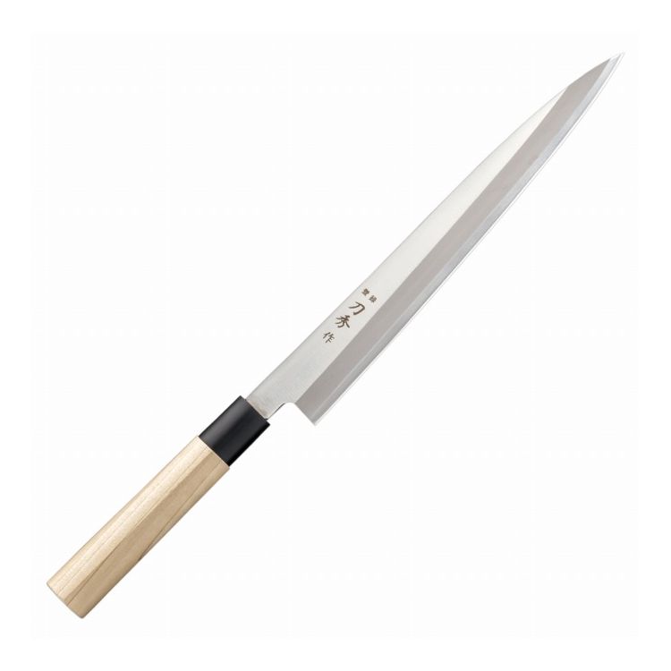 【商品説明】●刺身の切り出しや薄造り、皮引き・サク取りのほか、肉の薄切りなどにご利用いただく柳刃包丁です。●刀身にはモリブデンバナジウム鋼を採用し、従来の鋼製に比べて格段に扱いやすく、はじめて和包丁を握る方でも安心して使用できます。●刃渡りが長く薄いため、断面を潰さず、旨味を逃さず、艶のある美しい仕上がりにできます。●刃先で手や指を傷つけないよう注意して使用して下さい。●左右にこじって使用しないでください。刃欠け・折れ・割れが起きたり刃先が曲がる可能性があります。●冷凍食品は必ず完全に解凍してから使用してください。【スペック】●刀身：モリブデンバナジウム鋼　ハンドル：朴木　桂：ポリエチレン樹脂●色：シルバー/ナチュラルウッド/ブラック●用途：刺身の切り出しや薄造り、皮引き・サク取りのほか、肉の薄切りなどに●サイズ（約）：D410×W23×H40mm●重量（約）：151g●刃渡り：270mm●材質：（刀身）モリブデンバナジウム鋼　（ハンドル）朴木　（桂）ポリエチレン樹脂【代引きについて】こちらの商品は、代引きでの出荷は受け付けておりません。【送料について】北海道、沖縄、離島は送料を頂きます。