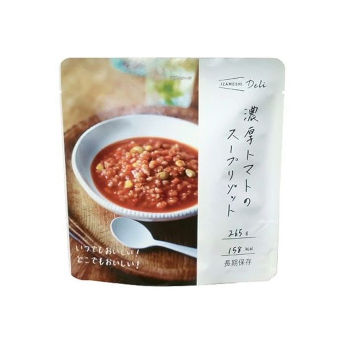 【商品説明】お肉は使わず野菜だけのやさしいコクを生かした風味、トマトの程よい酸味が効いたヘルシーなスープリゾット。水もお湯も使わず開けてすぐに食べられる御手軽さ。温めなくても召し上がっていただけます。商品区分:加工食品保存方法:常温原材料(アレルギー表記含む):野菜（玉ねぎ、にんじん、キャベツ、セロリ、パプリカ、コーン、枝豆）トマトジューストマトピューレソテードオニオン玄米（国産）野菜エキス大麦もち種（もち麦）オリーブオイルおろしにんにく食塩こしょう（原材料の一部に大豆を含む）メーカー名:杉田エース（株）生産国・加工国:日本※賞味期限は出荷元の規定により半分以上残っている商品のみ出荷致します。賞味期限:3年内容量:265g【代引きについて】こちらの商品は、代引きでの出荷は受け付けておりません。【送料について】沖縄、離島は送料を頂きます。