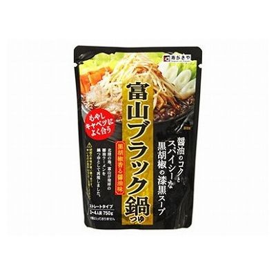 【商品説明】富山県発祥のご当地ラーメン富山ブラックラーメンのスープをイメージした鍋つゆです。醤油のコクとスパイシーな黒胡椒が特徴の漆黒のスープは、たっぷりのもやしとキャベツがよく合うクセになる味わいで、シメにはラーメンがおすすめです。・原材料(アレルギー表記含む)たん白加水分解物（国内製造）、しょうゆ、発酵調味料、植物油脂、食塩、チキンペースト、しょうゆもろみ、動物油脂、ポークエキス、香味油、こしょう、砂糖、魚介エキス、唐辛子、でん粉、魚醤、ローストガーリックペースト、酵母エキス、食物繊維／調味料（アミノ酸等）、カラメル色素、増粘剤（加工デンプン、増粘多糖類）、香辛料抽出物、香料、（一部に小麦・ごま・大豆・鶏肉・豚肉を含む）・賞味期限※仕入れ元の規定により半分以上期限のある商品のみ出荷致します。25ヶ月・保存方法別途パッケージに記載・メーカー名寿がきや食品（株）・生産国日本【代引きについて】こちらの商品は、代引きでの出荷は受け付けておりません。【送料について】沖縄、離島は送料を頂きます。