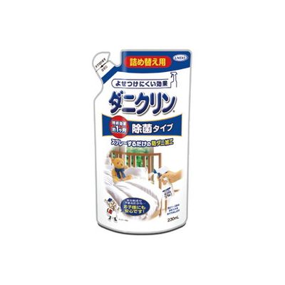 仕様原産国:日本内容量:230mL全成分:脂肪族系カルボン酸エステル、イソプロピルメチルフェノール（除菌剤）商品サイズ:98×48×200mm（幅X奥行X高さ）特徴ダニクリンは、殺虫剤のように殺虫成分でダニを直接殺す成分ではありません。ダニをよせつけない「忌避」という効果でダニを減らしていく商品です。今お使いの布団やカーペットにスプレー加工するだけの手軽さです。シングルシーツ（片面）約23枚分。スプレーしてよせつけない！「忌避」という考えのダニ対策品です。Point1布団やタタミ、カーペットやソファーなどにシュッとスプレーして陰干しで乾かすだけ。忌避の効果で、ダニをよせつけず、元から減らしていきます。Point2ダニクリンの「脂肪族系カルボン酸エステル」を主剤とする有効成分は、防ダニ加工布団の加工剤に長年使用されてきた実績ある成分です。Point3安全性にも配慮し、寝具に使っても肌への刺激が少なく、スプレーしたところが口にふれても問題ありません。Point4シーツなどお洗濯するものは、お洗濯で2〜3回程度、タタミやカーペットなら約1ヶ月効果が持続します。（当社テストによる）Point5スプレー後のべたつき感をおさえサラッと仕上げ。（当社従来品比）ご使用方法容器を軽くふり、ふたを上にあげ、約30cm離してスプレーします。※1平方メートルに5〜6回程度が目安です。■布団：シーツやカバー類をはずし、ゴミ、ホコリをとってからスプレーし、陰干しします。シーツ、カバー類は洗濯してからスプレーし陰干しします。■カーペット・タタミ：掃除機をかけ、ゴミ、ホコリをとってからスプレーし、自然乾燥させます。※カーペットやタタミは乾くまで時間がかかります。使用量をお守りいただき、乾くまでの時間に余裕をもってご使用ください。●効果的にお使いいただくためにダニ対策のためには、住まいを清潔に保つことが大切です。ダニクリンを定期的にお使いいただき、ダニクリン使用中も、ダニのエサや死骸・フンを取り除くために、こまめなお掃除・お洗濯を心がけてください。使用上の注意用途以外に使用しない。用途以外のものに本剤がかかった場合は拭きとる。肌に本剤がかかった場合は洗い流す。肌への影響が心配な方や匂いに敏感な方は、ハンドタオルのようなものにスプレーして試してから使う。肌に合わない場合や匂いが気になるときは使用を止める。色落ちするもの（新しいタタミや布製のもの等）、縮みやすいもの（絹・レーヨン等）、洗えないものは、あらかじめ目立たない場所で試してから使用する。スプレーするときは換気し、吸い込んだり、目に入らないように注意する。シミになる場合があるため、同じ場所に大量にスプレーしない。タタミやカーペットにスプレー後、本剤が足やスリッパに付着してフローリング等がベタつく場合があるため、乾いていない間は、歩いたり、ふんだりしないように注意する。子供の手の届かない、直射日光を避けた場所に保管する。凍結したり高温になる場所には保管しない。【送料について】北海道、沖縄、離島は送料を頂きます。