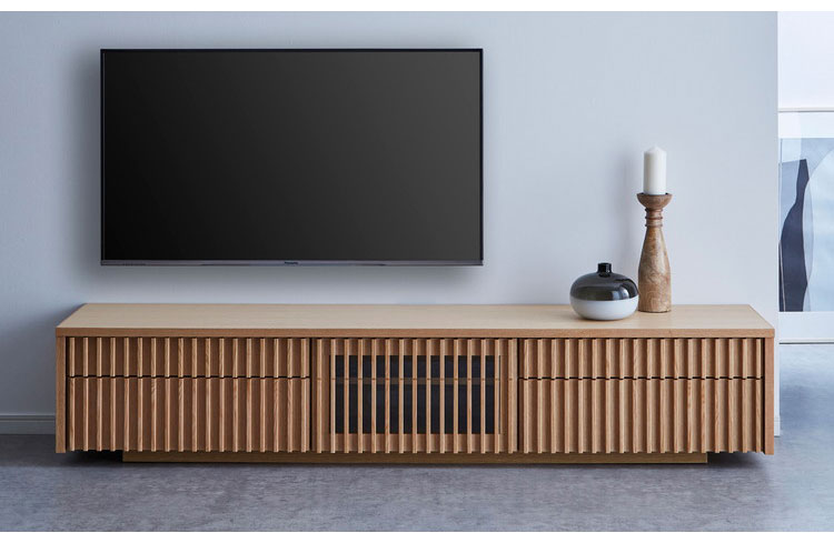 テレビ台 国産 幅200cm 壁掛け ローボード 縦格子 和風 日本 テレビ台 TVボード 引き出し 格子 オーク 節あり フラップ扉 収納 新生活 模様替え(代引不可)【送料無料】