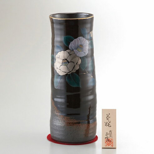 美濃焼 10号黒伊賀長花瓶 プラチナ山茶花 YJ15‐05 室内装飾品 花瓶 和陶花瓶(代引不可)【ポイント10倍】【送料無料】