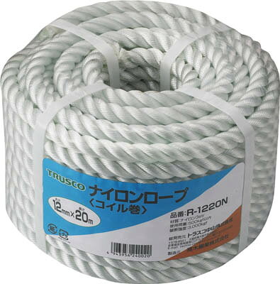 【メーカー型番】R-1220N【JANコード】4989999192476【ブランド】TRUSCO 　【特徴】●合成繊維の中で最も強度があり、耐摩擦性、耐熱性に優れています。●伸びがあるため、衝撃吸収性があります。【用途】●安全帯の工具吊り下げ用。●電工現場のリードロープ用など。【仕様】●色:白●線径(mm):12●長さ(m):20●包装形態:バンド掛巻●質量(kg):1.71●3つ打【材質／仕上】●ナイロン【セット内容／付属品】【注意】●切断後の断面はライターの火などで軽くあぶり、ほつれを保護してください。【原産国】日本【送料について】北海道、沖縄、離島は送料を頂きます。