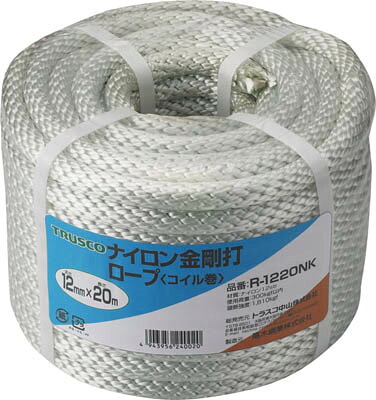 【メーカー型番】R-1220NK【JANコード】4989999192698【ブランド】TRUSCO 　【特徴】●合繊ロープの中で最も強度があり、摩擦にも強いです。●耐熱性にも優れています。●強度は3つ打に比べ30%程度低下しますが、しなやかで手ざわりが良く、キンク（ねじれ）しにくい扱いやすいロープです。【用途】●保温用シートなどの押さえ用。●草刈り機などのエンジン始動用など。【仕様】●色:白●線径(mm):12●長さ(m):20●包装形態:バンド掛巻●質量(kg):1.65●金剛打【材質／仕上】●ナイロン【セット内容／付属品】【注意】●切断後の断面はライターの火などで軽くあぶり、ほつれを保護してください。【原産国】日本【送料について】北海道、沖縄、離島は送料を頂きます。