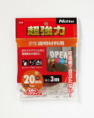 【商品詳細】●超透明で目立たない基材なので透明素材の接着に最適です。●ガラスやアクリルなど透明素材の固定に。●色:透明●幅(mm):20●長さ(m):3●厚み(mm):1.0●粘着力：7.56N/10mm●基材：アクリル●粘着剤：アクリル系【送料について】北海道、沖縄、離島は送料を頂きます。