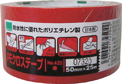【メーカー型番】420R【JANコード】4547691725042【ブランド】オカモト【特徴】●耐水性に優れた織布を使用しています。●手で簡単に切れるので、梱包作業が楽です。●鮮やかなカラーバリエーションで視認性が高いです。【用途】●軽〜中梱包用。【仕様】●色:レッド●幅(mm):50●長さ(m):25●厚み(mm):0.12●質量(g):150●粘着力：2.92N/10mm●引張強度：35N/10mm●手で切断可能【材質／仕上】●基材：ポリエチレン織布●粘着剤：アクリル系【セット内容／付属品】【注意】【原産国】日本【送料について】北海道、沖縄、離島は送料を頂きます。