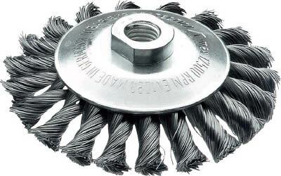 【メーカー型番】472254【JANコード】4017359391532【ブランド】LESSMANN【特徴】●高品位の線材を使用したノット（ひねり）加工品で、高い研削力と研掃力に優れている長寿命品です。●届きにくい奥まった箇所での作業に適しています。【用途】●溶接業、鉄鋼業、造船業などの現場に。●鉄鋼、非鉄金属の研磨、溶接のバリやスラグ・サビの除去などに。【仕様】●外径(mm):115●線径(mm):0.5●毛材:高張度鋼線●ねじ径:M10（P1.5）●最高使用回転数(rpm):15000●厚み(mm):12●全長(mm):35●質量(g):358●適合グラインダー:砥石径100mm電動工具用【材質／仕上】【セット内容／付属品】【注意】●作業時は必ず安全帽、安全メガネなどの保護具をご着用ください。【原産国】ドイツ【送料について】北海道、沖縄、離島は送料を頂きます。